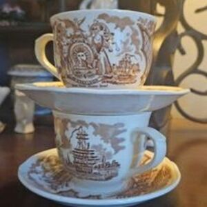 set staffordshire england Fair winds NY harbor 1830 connected China cups Saucers